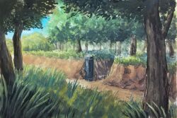  commentary_request day forest grass harusa1107 highres nature no_humans original painting_(medium) plant scenery shadow sunlight traditional_media tree trench 