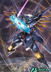  commentary_request copyright_logo copyright_name copyright_notice deraken double_blade energy_sword glowing glowing_eyes gundam gundam_arsenal_base gundam_seed gundam_seed_freedom holding_beam_saber logo mecha mecha_focus mechanical_wings mighty_strike_freedom_gundam mobile_suit no_humans official_art robot sword v-fin weapon wings 