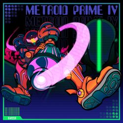  1girl aiming arm_cannon armor assault_visor copyright_name glowing light_trail metroid metroid_prime_4:_beyond ngz0ne power_armor power_suit_(metroid) samus_aran sylux_(metroid) two-tone_armor weapon 