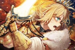  1girl armor blonde_hair blue_eyes braid bun_with_braided_base cape crown fate/grand_order fate_(series) fur-trimmed_cape fur_trim highres holding holding_sword holding_weapon lord_logres_(fate) natori_re open_mouth profile short_hair solo sword upper_body weapon 
