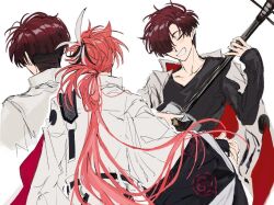  2boys ahoge black_hair black_shirt closed_eyes coat coat_on_shoulders collarbone dual_persona facing_away fate/grand_order fate_(series) from_behind grin hair_over_one_eye holding holding_instrument instrument japanese_clothes long_hair long_sleeves low_ponytail male_focus multicolored_hair multiple_boys multiple_views music one_eye_covered open_clothes open_mouth pink_hair playing_instrument ponytail red_hair shirt short_hair simple_background sleeves_past_wrists smile streaked_hair takasugi_shinsaku_(fate) takasugi_shinsaku_(first_ascension)_(fate) teeth two-sided_coat two-sided_fabric tyoookozuki upper_body very_long_hair white_background white_coat white_hair wide_sleeves 