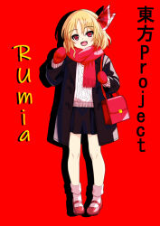  1girl alternate_costume bag black_jacket blonde_hair blush character_name commentary_request copyright_name fang hair_ribbon highres jacket looking_at_viewer mary_janes mist9801km mittens open_clothes open_jacket open_mouth red_background red_bag red_eyes red_mittens red_ribbon red_scarf red_shoes ribbon rumia scarf shoes shoulder_bag simple_background smile socks solo sweater touhou white_socks white_sweater 