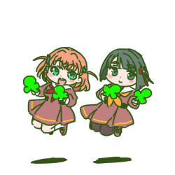  2girls :d black_hair black_pantyhose blunt_bangs blunt_ends blush_stickers bob_cut brown_dress cerise_bouquet closed_mouth club_(shape) commentary deformed dress flower flower_knot full_body green_eyes hair_flower hair_ornament hasu_no_sora_school_uniform hinoshita_kaho holding jumping link!_like!_love_live! long_sleeves looking_at_viewer love_live! medium_dress medium_hair momose_ginko multiple_girls neckerchief open_mouth orange_hair pantyhose pleated_dress rabbit_hair_ornament red_neckerchief sailor_collar sailor_dress school_uniform shadow shinanoya_(satanicad) short_hair smile symbol-only_commentary two_side_up virtual_youtuber white_sailor_collar winter_uniform yellow_neckerchief 