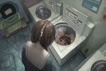  1girl brown_hair dai3syougen disembodied_head facing_away from_above indoors laundry_basket looking_inside md5_mismatch original outlet plug reflection school_uniform skinsuit smile table washing_machine zipper 