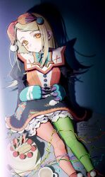  1girl asymmetrical_legwear blonde_hair cake commentary_request expressionless food gakuen_idolmaster hat highres idolmaster jester jester_cap long_hair looking_at_viewer mismatched_legwear orange_eyes shine_asahi shinosawa_hiro sitting solo teardrop_facial_mark 