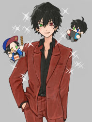  3boys ahoge arm_at_side bag_of_chips belt belt_buckle bishounen black_belt black_hair black_jacket black_pants black_shirt blue_eyes blue_hat blue_jacket breast_pocket buckle buster_bros!!! chibi chibi_inset choppy_bangs collarbone collared_shirt commentary_request contrapposto cowboy_shot dango dress_pants food food_on_face green_eyes grey_background grey_pants hair_between_eyes hand_in_pocket hat heterochromia holding holding_food hypnosis_mic jacket lapels light_smile long_sleeves looking_at_viewer male_focus mitarashi_dango mole mole_under_eye multiple_boys nintendo_switch notched_lapels open_clothes open_jacket p4cnoo pants parted_bangs partially_unbuttoned pocket red_eyes red_hat red_jacket red_pants red_suit shirt shirt_tucked_in short_hair simple_background solo_focus sparkle standing straight-on suit suit_jacket tareme tsurime two-tone_hat wagashi wavy_hair yamada_ichiro yamada_jiro yamada_saburo yellow_eyes 