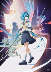  6+girls absurdres black_sailor_collar black_shoes black_skirt blue_eyes blue_hair commentary_request double-parted_bangs dress flower hair_between_eyes hair_flower hair_ornament hairclip highres holding holding_weapon korean_commentary loafers long_bangs long_hair looking_to_the_side mixed-language_commentary multiple_girls neckerchief original parted_lips pleated_skirt poster_(medium) sailor_collar school_uniform sena_8ito serafuku serious shirt shoes short_sleeves skirt sleeveless sleeveless_dress socks spiky_hair twintails very_long_hair walking weapon white_shirt white_socks yellow_neckerchief 