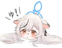  1girl :o animal_ears black_hair blue_archive blue_halo blush colored_bangs commentary_request hair_between_eyes halo head_only kokona_(blue_archive) long_hair looking_at_viewer messy_hair multicolored_hair orange_eyes shimeji_take sidelocks solo tiger_ears translation_request two-tone_hair white_hair 