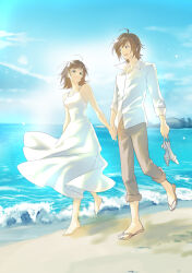  1boy 1girl :d ahoge amagase_touma amami_haruka bare_shoulders barefoot beach brown_eyes brown_hair brown_pants collared_shirt commentary_request couple dress eye_contact green_eyes hair_ribbon hetero highres holding holding_hands holding_shoes holding_unworn_clothes idolmaster idolmaster_(classic) idolmaster_side-m long_sleeves looking_at_another medium_hair mintpmintp pants popped_collar ribbon sand sandals shirt shoes shore side-by-side sleeveless sleeves_rolled_up smile unworn_shoes walking white_dress white_ribbon white_shirt 