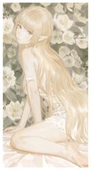  1girl absurdres arm_between_legs arm_support barefoot bed_sheet blonde_hair breasts dress feet feet_out_of_frame fingernails floral_background flower from_side full_body highres kiss-shot_acerola-orion_heart-under-blade kiss-shot_acerola-orion_heart-under-blade_(young_adult) kizumonogatari lace-trimmed_dress lace_trim large_breasts legs_apart light_blush lips long_hair looking_at_viewer monogatari_(series) oshino_shinobu parted_lips pointy_ears short_dress sidelocks sitting sleeveless sleeveless_dress soles solipsist solo strap_slip sundress very_long_hair wariza white_dress white_flower white_mouth white_theme yellow_eyes 