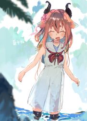  1other absurdres backlighting black_horns black_streaks black_thighhighs blue_hair blue_nails blurry blurry_foreground blush bow bowtie brooch closed_eyes colored_eyelashes colored_inner_hair commentary_request cowboy_shot dress flower gynoid_talk hair_between_eyes hair_flower hair_intakes hair_ornament hat hat_on_back highres horns jewelry medium_hair meika_hime multicolored_hair nail_polish ocean open_mouth pink_hair red_bow red_bowtie sabiaji_(gama_ou) sailor_collar short_eyebrows sketch skindentation sky sleeveless sleeveless_dress smile solo straw_hat streaked_hair summer thick_eyebrows thigh-highs vocaloid wading water wet white_dress white_sailor_collar 