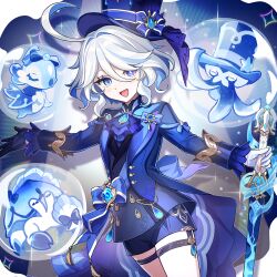  1girl :d absurdres ahoge ascot asymmetrical_gloves black_gloves blue_ascot blue_eyes blue_hair blue_hat blue_jacket blue_shorts colored_inner_hair cowboy_shot furina_(genshin_impact) genshin_impact gentilhomme_usher gloves grey_vest hair_between_eyes hair_intakes hat heterochromia highres holding holding_sword holding_weapon iruiru_popopo jacket looking_at_viewer mademoiselle_crabaletta mismatched_gloves mismatched_pupils multicolored_hair short_shorts shorts smile solo surintendante_chevalmarin sword thigh_strap top_hat vest weapon white_gloves white_hair 