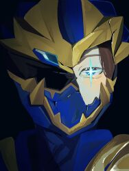  1boy amauma2525 armor black_background blue_armor blue_eyes blue_helmet blush broken_helmet brown_hair byakuya_rikuo cracked_kawaii_mask gozyuleon helmet highres male_focus no.1_sentai_gozyuger simple_background solo super_sentai upper_body 