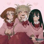  3girls asui_tsuyu bags_under_eyes blonde_hair blush boku_no_hero_academia bound bound_wrists bow bowtie brown_eyes brown_hair catastrofeels closed_mouth double_bun green_eyes green_hair hair_bun hair_ornament heart heart_hair_ornament highres holding holding_weapon hostage kidnapped kidnapping knife long_hair looking_at_another looking_at_viewer matching_outfit messy_hair multiple_girls necktie open_mouth pink_sweater red_skirt rope school_uniform short_hair skirt slit_pupils sweater toga_himiko tongue tongue_out uraraka_ochako weapon yellow_eyes 