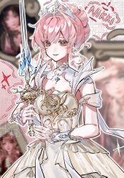  1girl armor ayao_(xinjinjumin1917696) bare_shoulders blue_gemstone blurry blurry_background breastplate brown_eyes character_name chest_jewel chinese_commentary clothing_cutout collar collarbone colored_eyelashes commentary_request cowboy_shot detached_collar dot_nose dress eyes_visible_through_hair frilled_arm_warmers game_screenshot_inset gem hair_bun hair_intakes halftone halftone_background happy high_collar highres infinity_nikki light_blush lipstick makeup melody_bloom_(infinity_nikki) nikki_(nikki) nikki_(series) outline parted_lips picture_frame pink_background pink_hair pink_lips short_hair_with_long_locks short_sleeves shoulder_cutout sidelocks single_hair_bun smile solo sparkle tiara two-tone_background wavy_hair white_arm_warmers white_background white_collar white_dress white_outline 