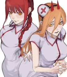  2girls blonde_hair braid breasts chainsaw_man closed_mouth collared_dress cross-shaped_pupils demon_girl demon_horns dress from_above furrowed_brow hair_between_eyes hair_over_shoulder hand_on_another's_waist hat highres horns kohaa_ku light_blush long_hair makima_(chainsaw_man) medium_breasts multiple_girls nurse nurse_cap own_hands_together parted_lips power_(chainsaw_man) red_hair red_horns ringed_eyes sidelocks single_braid sweatdrop symbol-shaped_pupils twitter_username upper_body white_background white_dress yellow_eyes 
