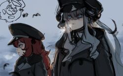  2girls absurdres alternate_costume bird black_coat black_hat blue_archive breath buttons chibi chibi_inset clouds coat demon_horns fluffy_hair fur-trimmed_coat fur_trim glowing glowing_eyes grey_hair hair_between_eyes hair_intakes hat highres holong5020 horns iroha_(blue_archive) long_hair long_sidelocks looking_ahead looking_at_viewer makoto_(blue_archive) multiple_girls peaked_cap red_hair sidelocks unfinished 