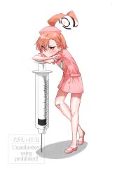  1girl absurdres ahoge asymmetrical_hair bandaid bandaid_on_knee bandaid_on_leg blue_archive commentary_request dress highres huge_ahoge leaning_forward mole mole_under_each_eye mole_under_eye multiple_moles neru_(blue_archive) nurse nurse_cape orange_hair oversized_object pink_dress pink_shoes red_eyes shoes short_hair simple_background solo syringe takashii watermark white_background 
