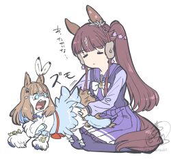  1girl almond_eye_(umamusume) animal animal_ears animalization blue_eyes blunt_bangs bow bow_hairband bowtie breasts brown_hair closed_mouth clothed_animal colored_inner_hair ear_covers ear_ornament fangs hair_between_eyes hair_ornament hairband hairclip highres horse_ears horse_girl horse_tail long_hair lucky_lilac_(umamusume) multicolored_hair open_mouth purple_sailor_collar purple_serafuku purple_shirt purple_skirt purple_thighhighs recursive_animalization sailor_collar sailor_shirt school_uniform serafuku sharp_teeth shirt side_ponytail sitting skirt starish tail takatsuki_nato teeth thigh-highs tongue tracen_school_uniform umamusume wariza white_background white_bow white_bowtie 