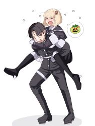  >_< 1boy 1girl absurdres armband black_boots black_hair black_jacket black_pants black_sailor_collar black_serafuku blonde_hair blush bodysuit boots carrying carrying_person crying facial_mark forehead_mark gakuran gem gem_hair_ornament gloves highres image_in_speech_bubble jacket last_defense_academy_school_uniform maruko_gaku oosuzuki_kurara open_mouth pakimoti pants piggyback red_eyes red_gemstone sailor_collar school_uniform serafuku short_hair simple_background sweatdrop the_hundred_line_-last_defense_academy- white_armband white_background white_bodysuit white_gloves 