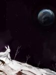  1girl absurdres animal_ears bare_tree black_sky commentary_request crater dress earth_(planet) feet_out_of_frame highres long_hair looking_afar moon night night_sky original planet rabbit_ears rabbit_girl red_eyes shirokujira signature sky tree white_dress white_hair 