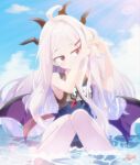  1girl adjusting_hair ahoge bangs blue_archive blue_sky blue_swimsuit clouds cloudy_sky commentary_request demon_girl demon_horns demon_wings eyes_visible_through_hair forehead hair_ornament hairclip highres hina_(blue_archive) hina_(swimsuit)_(blue_archive) horns in_water kikari knees_up long_hair looking_away ocean official_alternate_costume old_school_swimsuit one_side_up school_swimsuit sidelocks sitting sky sleeveless smile solo starfish swimsuit translation_request violet_eyes whistle whistle_around_neck white_hair wings 