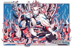  1boy belt black_jacket black_pants blonde_hair border closed_mouth demon_slayer_uniform fire flaming_eye forked_eyebrows haori highres jacket japanese_clothes katana kimetsu_no_yaiba male_focus mui_830 multicolored_hair multicolored_nails pants red_hair rengoku_kyoujurou sandals sitting solo sword tabi twitter_username two-tone_hair weapon white_belt white_border white_haori 