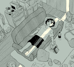  1boy absurdres avogado6 commentary_request couch crack_of_light curtains electric_fan floor greyscale hatching_(texture) highres holding indoors insomnia linear_hatching lying male_focus manga_(object) monochrome morning on_back on_couch original pillow rug shelf shirt short_hair shorts slippers socks solo t-shirt unworn_socks vacuum_cleaner wavy_eyes wide-eyed 