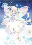  1girl :o absurdres aqua_eyes bare_shoulders bird blonde_hair blue_bird blue_bow blush bow checkered_background commentary dress fairy fairy_wings flower hacosumi hair_bow highres medium_dress no_socks original petite pointy_ears short_sleeves snowflakes solo twintails white_dress white_flower white_footwear wings 
