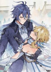  1boy 1girl absurdres black_coat black_gloves black_hair black_jacket blonde_hair breasts closed_mouth coat commentary dress english_commentary flins_(genshin_impact) flower genshin_impact gloves hair_between_eyes hair_flower hair_ornament highres jacket long_hair long_sleeves lumine_(genshin_impact) open_clothes open_jacket quinny_il white_dress yellow_eyes 