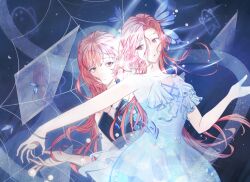  2girls absurdres bare_arms bare_shoulders beads black_dress blue_butterfly blue_dress blue_flower blue_rose brooch brown_eyes bubble_skirt bug butterfly butterfly_hair_ornament chinese_commentary closed_mouth commentary_request cowboy_shot cross-laced_clothes cross-laced_dress dress dual_persona expressionless floating_hair flower flower_brooch frilled_dress frills frown glass_shards hair_between_eyes hair_ornament happy highres holding_hands infinity_nikki jewelry light_particles long_hair long_hair_between_eyes looking_at_another multiple_girls nameless_selfless_(infinity_nikki) nikki_(nikki) nikki_(series) pink_hair rose sapphire_dreaming_(shining_nikki) shining_nikki silk skirt smile spider_web standing strapless strapless_dress very_long_hair yanjiujun 