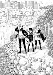  1girl 2boys belt boots boruto:_naruto_next_generations building city clouds commentary_request detached_sleeves facial_mark forehead_mark forehead_protector greyscale hand_on_own_hip hands_on_own_knees hatake_kakashi hatching_(texture) highres knee_boots konohagakure_symbol matsu_(fu6ide2) mitsuki_(naruto) monochrome multiple_boys naruto_(series) open-toe_boots sculpture shorts sleeves_past_fingers sleeves_past_wrists tree tsunade_(naruto) twitter_username uchiha_sarada uzumaki_boruto uzumaki_naruto 