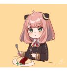  1girl anya_(spy_x_family) bangs blush border brooch child collared_shirt food fork green_eyes hairpods highres holding holding_fork holding_spoon jewelry ketchup looking_at_viewer medium_hair neck_ribbon omurice parted_lips pink_hair plate ribbon rino_cnc school_uniform shirt signature solo spoon spy_x_family swept_bangs utensil 