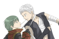  2boys assassin_(ragnarok_online) bandaged_arm bandages black_coat black_gloves black_shirt chest_sarashi cigarette cigarette_kiss coat commentary_request dated_commentary fingerless_gloves gloves green_eyes green_hair grey_eyes grey_hair holding_matchstick long_sleeves looking_at_another male_focus multiple_boys oomojiya open_clothes open_shirt priest_(ragnarok_online) ragnarok_online sarashi shirt short_hair simple_background sleeveless sleeveless_shirt upper_body white_background 