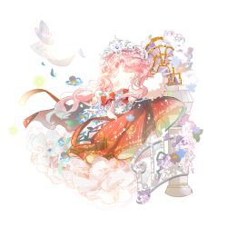  1girl arch beads black_eyes blue_flower bouquet bow cape chibi chinese_commentary commentary_request doorway dress floating_cape floating_clothes floating_hair flower fur-trimmed_cape fur_trim gown hair_beads hair_ornament highres holding holding_bouquet interruption_(echo-023) lace-trimmed_dress lace_trim light_blush light_particles long_dress long_hair long_sidelocks miracle_nikki nikki_(nikki) nikki_(series) no_mouth parted_bangs petals pillar pink_hair pleated_dress procreate_(medium) purple_flower railing red_bow red_cape sheet_music shoulder_bow sidelocks simple_background solid_oval_eyes solo stairs standing tiara vertical-striped_cape wavy_hair when_blossoms_gather_(miracle_nikki) white_background white_dress wind 