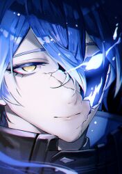  1boy black_background broken_mask colored_eyelashes crack cracked_kawaii_mask cracked_mask crossed_bangs double-parted_bangs flins_(genshin_impact) genshin_impact glowing glowing_eye gradient_hair hair_between_eyes hashtag-only_commentary highres looking_at_viewer male_focus mask multicolored_hair portrait solo torisukedesu wing_collar yellow_eyes 