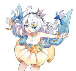  1girl ahoge benghuai_xueyuan birthday black_hairband blue_eyes breasts choker commentary cross cross_choker crown dress drill_hair english_commentary hairband honkai_(series) kiana_kaslana long_hair mini_crown orange_choker outstretched_arms simple_background solo spread_arms strapless strapless_dress twin_drills white_background xtacy yellow_dress 