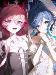  absurdres aqua_eyes aqua_hair black_dress black_hair braid cherry closed_mouth commentary_request crossdressing crossdressing_(mtf) dahlia_(genshin_impact) demon_horns dress food fruit genshin_impact gradient_hair highres holding holding_food holding_fruit horns kkopoli korean_commentary long_sleeves male_focus multicolored_hair open_mouth pink_hair short_hair smile twin_braids veil venti_(genshin_impact) violet_eyes white_dress white_wings wings 