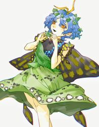  1girl antennae bai_he black_shirt blue_hair butterfly_wings dress eternity_larva fairy hair_between_eyes highres holding holding_leaf insect_wings leaf leaf_on_head multicolored_dress open_mouth shirt short_hair short_sleeves simple_background smile solo touhou white_background wings yellow_eyes 