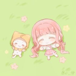  1girl =_= ^_^ ahoge animal artist_name bare_shoulders belt black_belt black_bow black_ribbon bow bow_choker bowtie caoji76680 cat center_frills chibi chinese_commentary choker cloak closed_eyes closed_mouth clothed_animal commentary_request drooling ear_covers flower frilled_shirt frilled_skirt frilled_sleeves frills hair_bow hair_ribbon happy hood hood_up hooded_cloak infinity_nikki kneehighs layered_skirt light_blush long_hair long_sidelocks long_sleeves low_twintails lying medium_skirt momo_(nikki) navel nikki_(nikki) nikki_(series) off-shoulder_shirt off_shoulder on_back on_grass outstretched_arms pawpads perfect_start_(infinity_nikki) pink_bow pink_bowtie pink_choker pink_flower pink_hair pink_shoes pink_skirt print_skirt puffy_long_sleeves puffy_sleeves ribbon shirt shoes sidelocks skirt smile snowflake_print socks tress_ribbon twintails very_long_hair wavy_hair whiskers white_cat white_shirt white_skirt white_socks yellow_cloak yellow_flower 