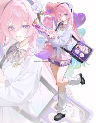  1girl absurdres alternate_costume animal aqua_hair bag balloon black_shoes blue_jacket breasts commentary cyrene_(demiurge)_(honkai:_star_rail) cyrene_(honkai:_star_rail) diamond-shaped_pupils diamond_(shape) flower hair_flower hair_ornament heart_balloon highres holding holding_animal holding_quill honkai:_star_rail honkai_(series) jacket leg_warmers long_hair looking_at_viewer medium_breasts mem_(honkai:_star_rail) mnrabbit1109 multicolored_hair pink_hair pointy_ears purple_skirt quill shoes shoulder_bag skirt smile symbol-only_commentary symbol-shaped_pupils twitter_username very_long_hair violet_eyes white_hair white_leg_warmers zoom_layer 