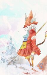  1girl ascot blue_ascot blue_eyes brown_tail coat copyright_name final_fantasy final_fantasy_ix freya_crescent from_side furry furry_female helmet holding holding_polearm holding_weapon long_hair long_sleeves mouse_girl mouse_tail polearm red_coat red_helmet ribbon ruka_(blueplus84) solo spear tail tail_ornament tail_raised tail_ribbon weapon white_hair winged_helmet yellow_ribbon 