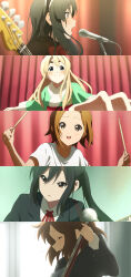  46_crt 5girls :o absurdres akiyama_mio bass_guitar black_eyes black_hair black_jacket blazer blonde_hair blue_eyes blush bow bowtie brown_eyes brown_hair closed_eyes closed_mouth collared_shirt commentary_request curtains drumsticks electric_guitar from_side fur-trimmed_kimono fur_trim green_kimono guitar happy highres hirasawa_yui ho-kago_tea_time holding holding_bass_guitar holding_drumsticks holding_guitar holding_instrument incredibly_absurdres instrument jacket japanese_clothes k-on! kimono kotobuki_tsumugi long_hair long_sleeves microphone multiple_girls music nakano_azusa neck_ribbon open_mouth parted_lips red_bow red_bowtie red_ribbon ribbon sakuragaoka_high_school_uniform school_uniform shirt short_hair short_sleeves singing smile stage_curtains sweat t-shirt tainaka_ritsu thick_eyebrows twintails white_shirt winter_uniform 