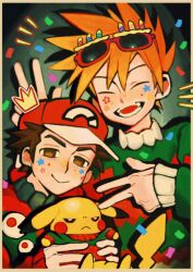  2boys :> :< :d baseball_cap blue_oak brown_eyes brown_hair christmas christmas_sweater closed_eyes confetti double_v eyewear_on_head fake_photograph green_sweater grumpy hat holding holding_pokemon mewnar multicolored_sweater multiple_boys open_mouth orange_hair pikachu pokemon pokemon_(creature) pokemon_frlg red_(pokemon) red_hat red_sweater smile spiky_hair star_(symbol) star_sticker sticker sticker_on_face sweater v 