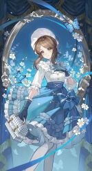  1girl absurdres artist_request bag blue_bow blue_eyes blue_gloves blue_skirt bonnet bow brown_hair bug butterfly buttons chinese_commentary commentary_request commission curtains emma_woods emma_woods_(boudoir_dream) feet_out_of_frame flower freckles frilled_shirt frilled_skirt frills gloves hand_on_own_chest highres holding holding_bag identity_v light_blush lolita_fashion long_skirt looking_at_viewer medium_hair pantyhose parted_bangs picture_frame second-party_source shirt skirt smile solo three-quarter_sleeves white_bonnet white_flower white_pantyhose white_shirt 