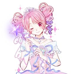  1girl arm_ribbon brooch chinese_commentary choker closed_mouth collarbone colored_tips commentary_request cross-laced_clothes cross-laced_dress dot_nose dress eyelashes flower flower_brooch frilled_sleeves frills glowing happy head_tilt hexagram highres holding holding_wand infinity_nikki jewelry light_blush lips looking_at_viewer multicolored_hair nikki_(nikki) nikki_(series) off-shoulder_dress off_shoulder one_eye_closed parted_bangs pink_dress pink_eyes pink_hair pink_lips purple_choker purple_flower purple_hair purple_ribbon ribbon short_hair short_sleeves short_twintails simple_background smile solo sparkle star_(symbol) star_choker star_wand starlit_celebration_(infinity_nikki) tiara twintails two-tone_hair upper_body wand white_background white_sleeves wrist_ribbon zhenzi_jiang 