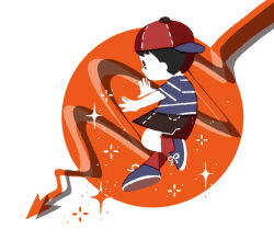  1boy backwards_hat baseball_cap black_hair casting_spell commentary_request full_body hat looking_ahead male_focus mother_(series) mother_1 ninten pac-man_eyes red_socks shirt short_hair shorts sideways_hat simple_background socks solo sparkle striped_clothes striped_shirt tanba_(tanba-art) white_background 
