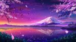  branch cherry_blossoms clouds colorful gradient_sky highres lake landscape monorisu mount_fuji mountain mountainous_horizon nature no_humans original outdoors petals pink_sky purple_sky reflection reflective_water ripples scenery sky sunset tree water 