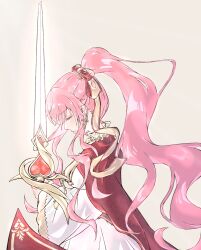  1girl bow brown_background cape closed_eyes closed_mouth collared_dress cowboy_shot cross cross_earrings dress earrings expressionless eyelashes frilled_dress frills from_side hair_bow heart high_collar high_ponytail highres holding holding_sword holding_weapon jewelry juliet_sleeves light_chaser_(miracle_nikki) light_frown long_hair long_sidelocks long_sleeves mengbohe miracle_nikki nikki_(nikki) nikki_(series) pink_hair pleated_dress pointy_nose ponytail puffy_sleeves red_bow red_cape sidelocks simple_background solo sword two-tone_bow very_long_hair wavy_hair weapon white_dress wide_sleeves yellow_bow 