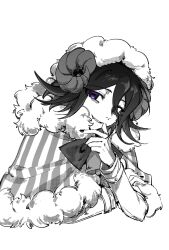  1boy animal_costume arm_across_chest bags_under_eyes bell black_hair bow bowtie capelet commentary cropped_torso danganronpa_(series) danganronpa_v3:_killing_harmony fangs flipped_hair fur-trimmed_capelet fur_trim greyscale hair_between_eyes hand_up highres horns long_sleeves looking_at_viewer male_focus monochrome neck_bell oma_kokichi sheep_costume sheep_horns short_hair simple_background smile smirk solo spot_color striped_capelet symbol-only_commentary teeth thumb_to_mouth tujiang6 upper_body violet_eyes white_background 